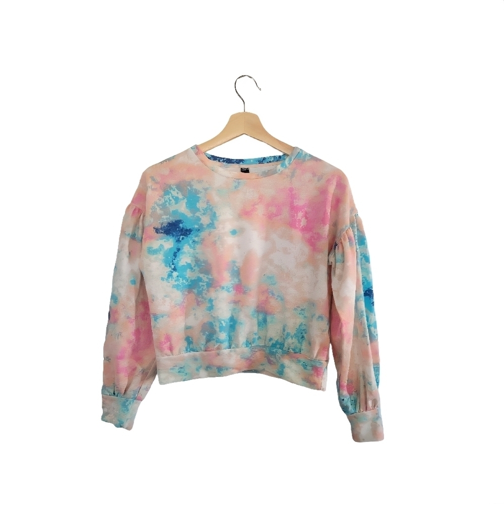 NO BOUNDARIES Tie-dye Pastel Puff Sleeve Sz XS Cropped Cotton Blend Sweatshirt